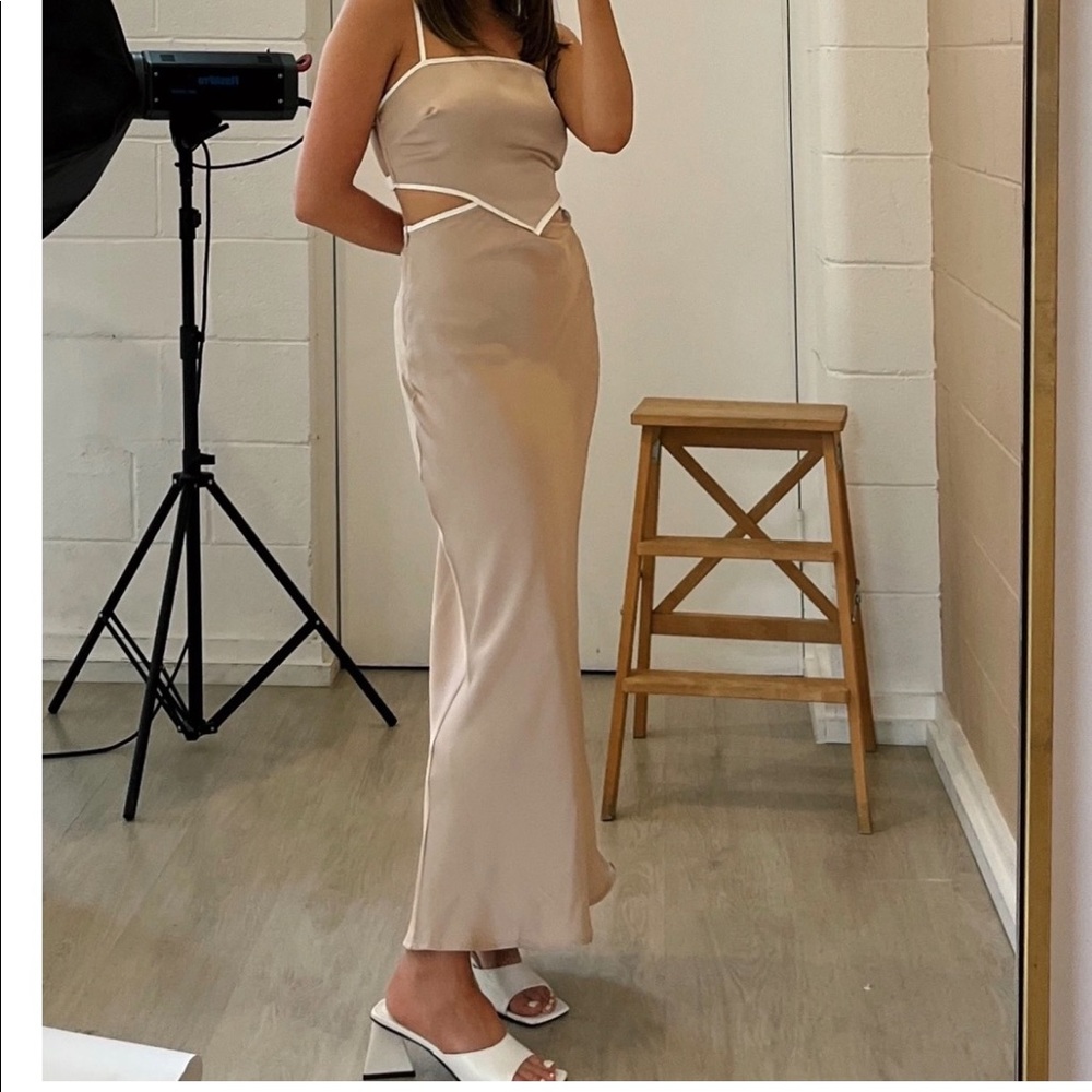 VRG GIRL Sipping Wine Bias Cut Midi Dress // Beige